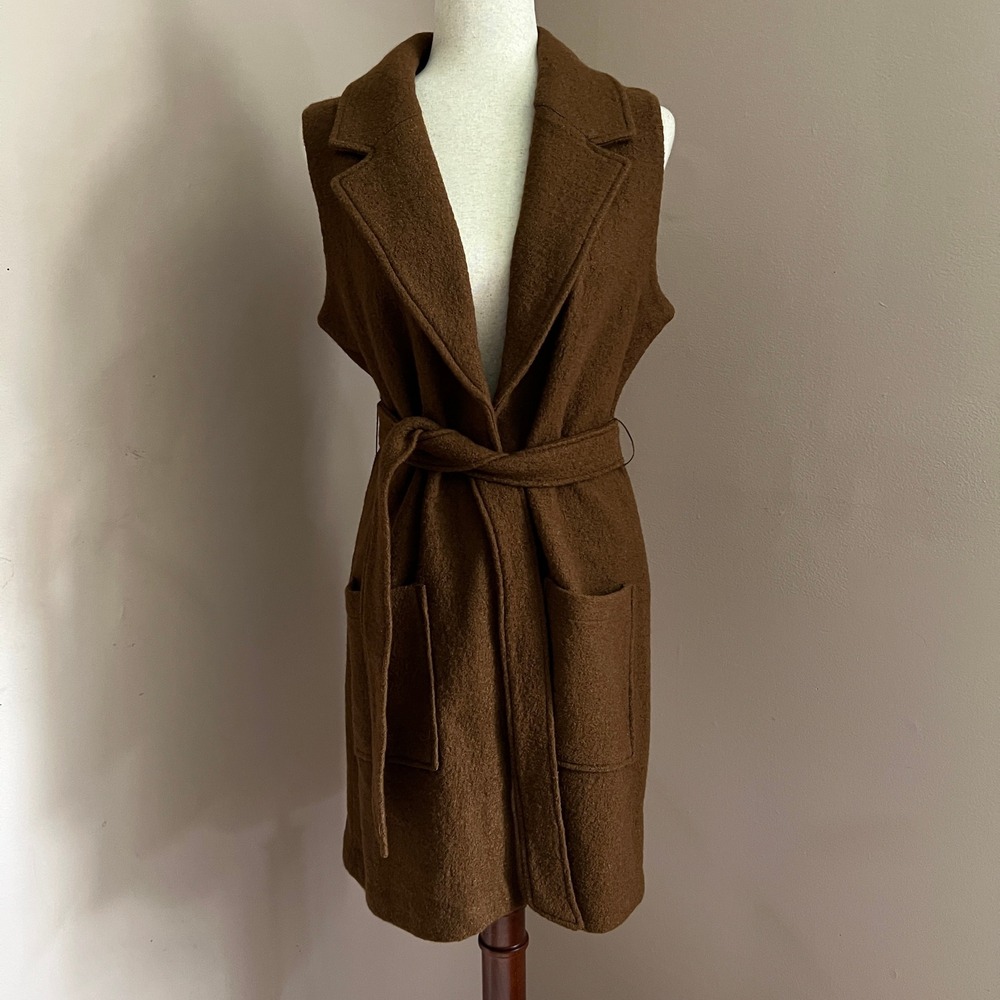 Tahari Brown Wool Blend Belted Vest Sleeveless Minimalist Capsule Quiet Luxury S